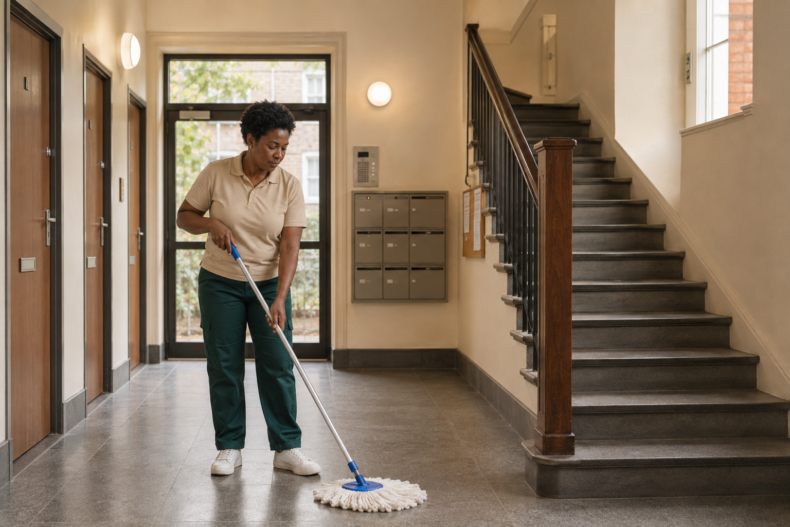 Professional cleaner mopping the shared entrance of an apartment building